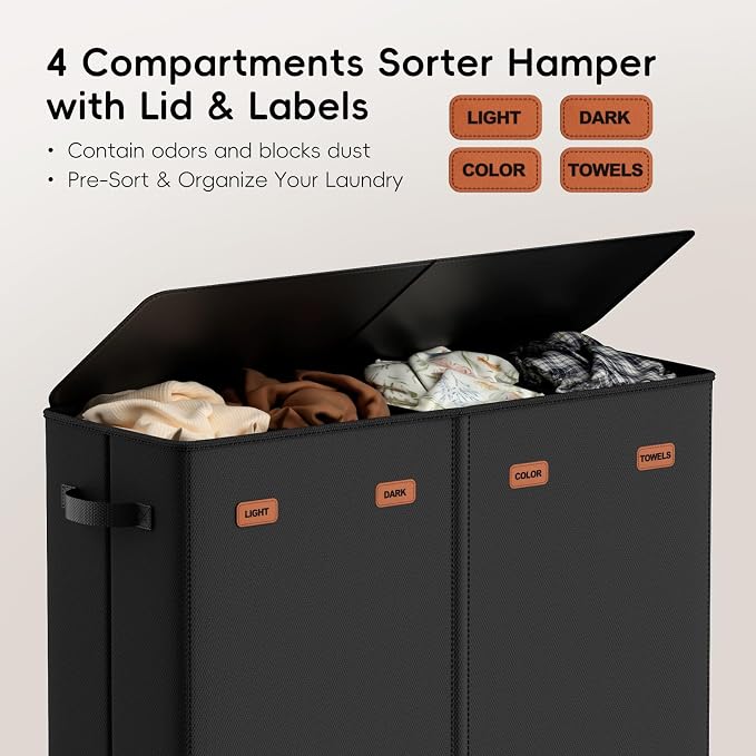 Laundry Hamper 4-Section with Lid, 185L Laundry Sorter with 4 Removable Bags + 1 Extra Large Bag, Switchable 3/4 Compartment, Laundry Basket Organizer for Bedroom, Laundry Room，Black - Image 4