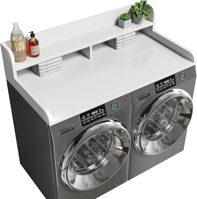 2-Tier Washer Dryer Countertop with 2.75"H Edge Rails, 54" W x 27.55" D Laundry Countertop for Folding Clothes, Washer and Dryer Topper with Non-Slip Pad (White) by Corbyles