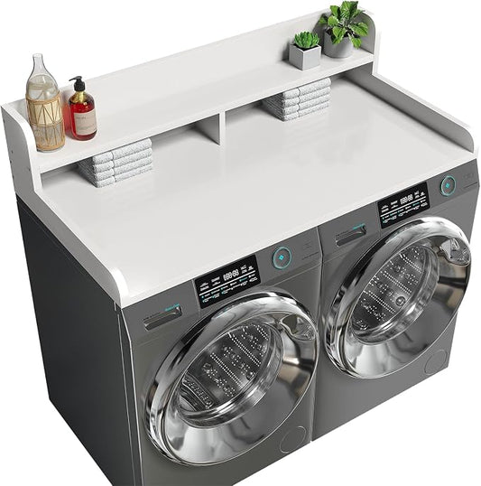 2-Tier Washer Dryer Countertop with 2.75"H Edge Rails, 54" W x 27.55" D Laundry Countertop for Folding Clothes, Washer and Dryer Topper with Non-Slip Pad (White) by Corbyles