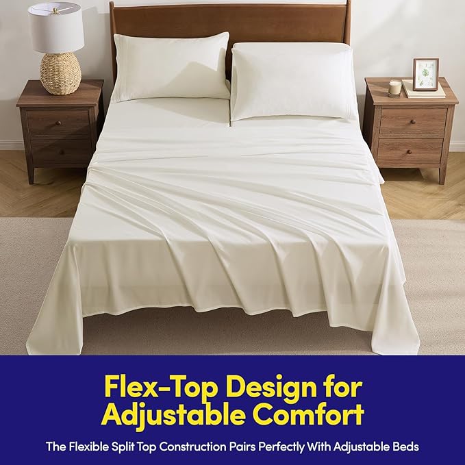 Split Head King Sheets Set for Adjustable Beds 4 Piece Flex Top Bed Sheets – Deep Pocket Split Top Fitted Sheet with Built-in Corner Straps, Luxury Soft Cooling Bedding, Wrinkle Resistant, Ivory