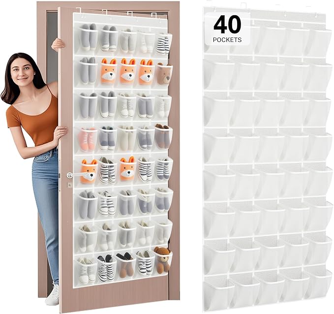 40-Pocket Over the Door Shoe Organizer - Large Mesh Pocket Hanging Shoe Rack for Door, Shoes Storage Holder Sturdy Non-woven Fabric - Stores 20 Pairs (White02) by Unknown