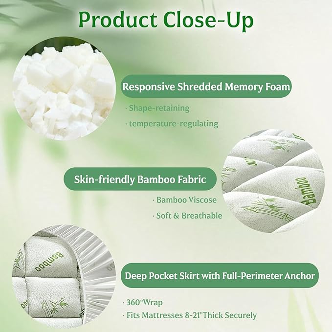 Bamboo Mattress Topper Queen Size with Deep Pocket 1700 GSM Fill Cooling Shredded Memory Foam Mattress Pad Rayon Derived from Bamboo, Ideal for Side Sleepers, Back Pain, Hot Sleepers