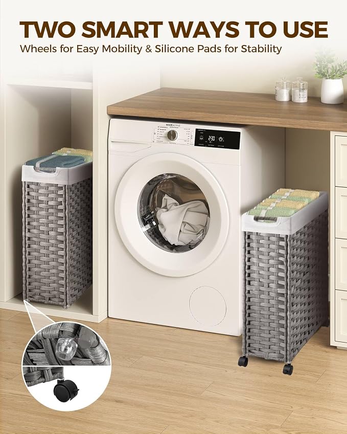 Greenstell Laundry Hamper with Wheels, 11.9 Gallon (45L) Small Clothes Hamper with 2 Removable Liner Bags & 2 Mesh Bags, Slim Rattan Laundry Basket for Bathroom, Bedroom, Grey - Image 2