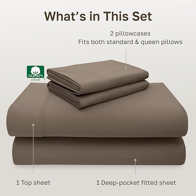 California Design Den 100% Cotton Full Size Bed Sheets, 600 Thread Count Sateen, Soft, Full Size Sheet Set with Deep Pockets (Mushroom - Taupe Brown)