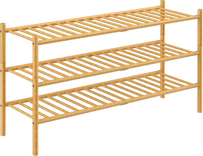 ROMGUAR CRAFT 3-Tier Bamboo Long Shoe Rack, Free Standing Wood Shoe Shelf Storage Organizer for Closet Entryway Stackable 35"x11"x20" (Natural) - Image 7