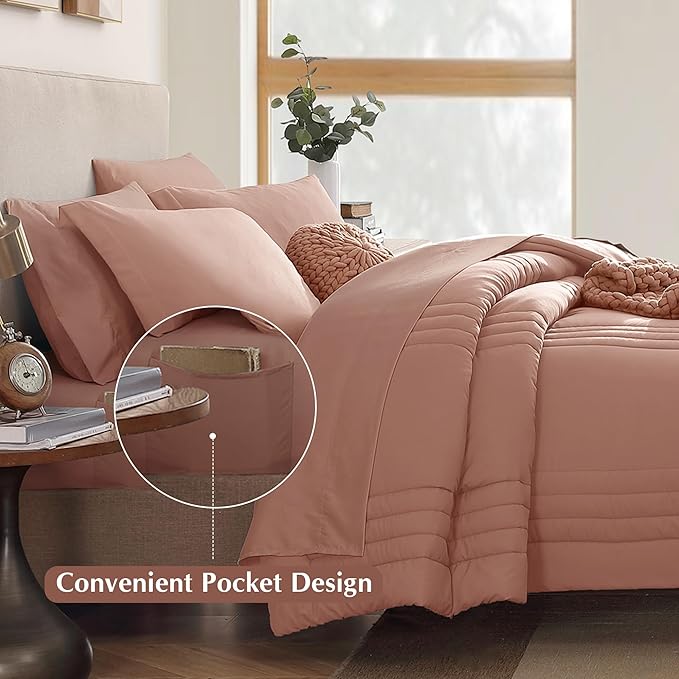 Monbix Full Comforter Set - 7 Pieces Clay Pink Bed in a Bag Full Size Bedding Sets with Comforters, All Seasons Comforter with Sheets, Pillowcases & Shams
