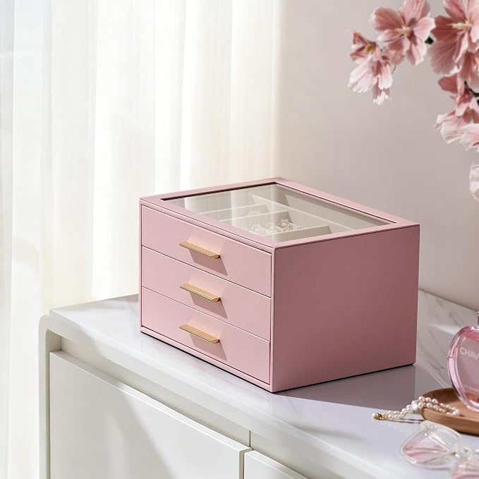 pickpiff Jewelry Box Organizer Case for Women: 3-Layer Jewelry Storage Case with Glass Window, Pink Leather with Velvet Holder for Ring Necklace Bracelet Brooch Watch, Great Gift for Her - Image 8