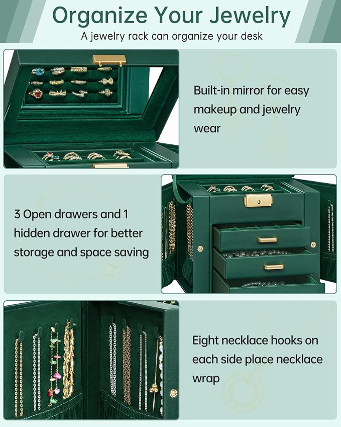 AKOZLIN 4-Tier Jewelry Box Leather Jewelry Storage Organizer with 3 Drawers Lockable for Women Girls Ring Necklace Earring Bracelet Holder with Mirror Forest Green - Image 4
