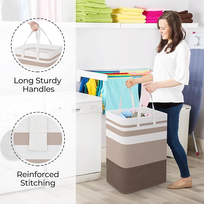 StorageRight Large Collapsible Laundry Basket Hamper with Easy Carry Handles，Freestanding Clothes Hampers for Laundry, Bedroom, Dorm, Towels, Toys, 75L, Khaki - Image 4