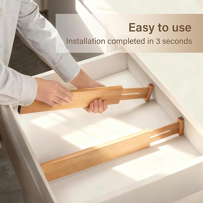 Bamboo Drawer Divider Set of 8, Adjustable Spring-Loaded Drawer Organizer (16.9"-22.2"), 2.3" Height, Suitable for Kitchen, Desk, Bathroom, Clothing, and Miscellaneous Drawer Organization, Natural - Image 5
