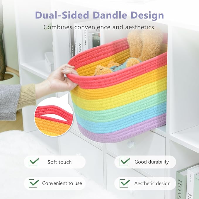 ECDYQXVU Cotton Rope Storage Basket, 15x10x9 Inches, Woven Basket for Shelves, Clothes, Towels, Books, and Laundry, Rainbow (1 Pack) - Image 5
