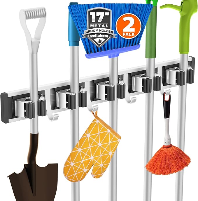 reliahom Broom Holder Wall Mount, 2 Pack 5 Racks with 4 Hooks Black - Mop Storage Tool Racks, Broom Hanger Tool Organizer for Garage, Kitchen, Garden, Laundry Room by reliahom