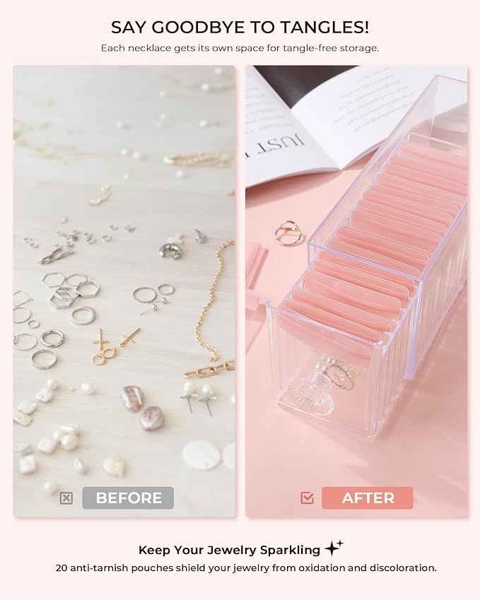 HOMEHIVE Clear Acrylic Jewelry Organizer Box with 20 Portable Pouches, Jewelry Storage Case for Women Girls, Tangle-Free, Anti-Tarnish, Compact Storage for Necklaces/Earrings/Rings, Upgraded Pink - Image 3