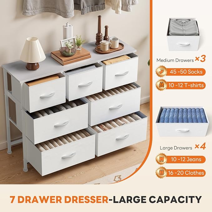 Sweetcrispy 7 Drawer Dresser with Fabric Bins Fabric Storage Tower Organizer for Bedroom Closet Hallway Entryway Tall Chest of Drawers with Steel Frame Wood Top Easy Pull Handles,White - Image 5