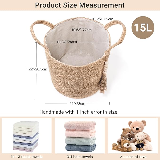Mkono Woven Storage Basket Decorative Natural Rope Basket Wooden Bead Decoration for Blankets,Toys,Clothes,Shoes,Plant Organizer Bin with Handles Living Room Home Decor (Brown, 28 x 28cm) - Image 4