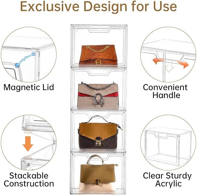 Freebat Stackable Storage Bins, Clear Acrylic Display Case, 9-Pack Acrylic Boxes with Lids, Clear Storage Containers Storage for Handbags, Collectibles & Figures - Image 7
