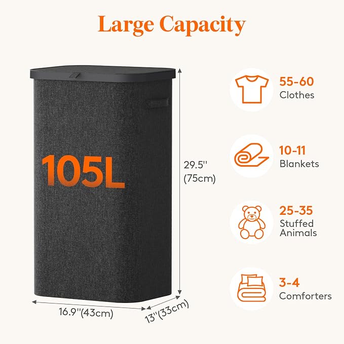 Lifewit 105L Large Laundry Basket with Lid, Laundry Hamper with Plastic Handles and Removable Bag, Foldable Tall Dirty Clothes Hampers for Laundry for Laundry Room, Bedroom, Bathroom, Dorm, Dark Gray - Image 3
