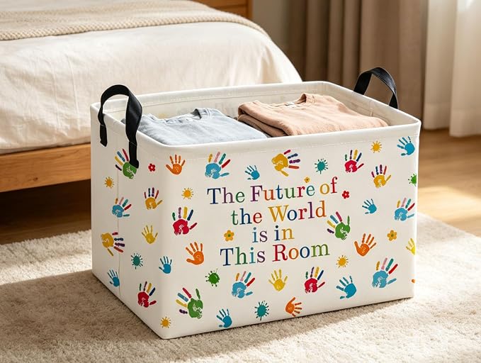 Rectangle Kids Baskets Book Basket Cute Storage Bin Organizer Boys Box for Room Decor Gift Basket(Handprint) - Image 3