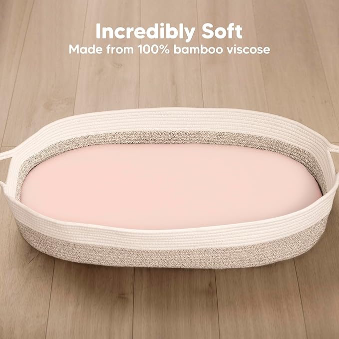 2-Pack Baby Bassinet Sheets Girl, Boy - 33x17 Viscose Derived from Bamboo Bedside Mattress Fitted Bassinet Sheets, Compatible with Halo Bassinest Swivel Sleeper, Baby Delight, Graco (Cameo)