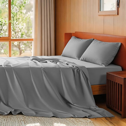 SONORO KATE 100% Egyptian Cotton Sheets Queen Size - 600 Thread Count, Luxury Hotel Sateen Weave Bedding Set, Soft Breathable Sheet Sets, 16" Deep Pocket - 4 PC(Grey,Queen)