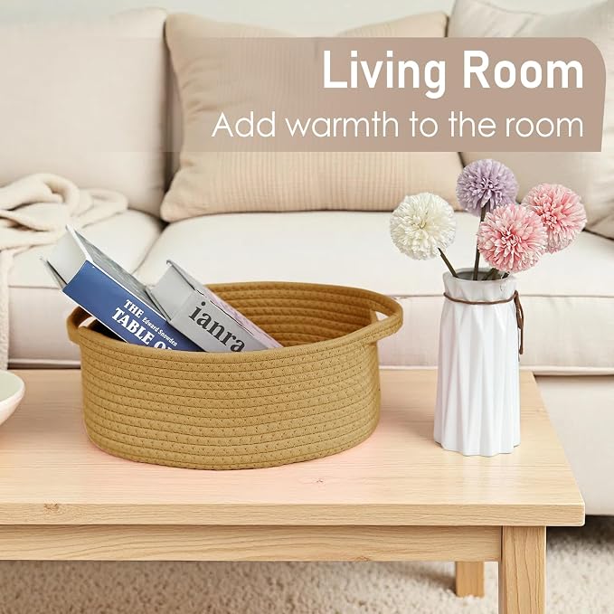 JMvicyroam Woven Basket,Small Rope Storage Bin with Handles & Ribbon Bag, Organizer for Shelves Closets,Gift Basket Empty for Birthday,Books,Dog Toys, Jute/3 Pack - Image 7
