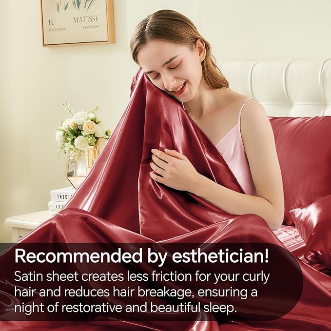 BEDELITE Satin Sheets Twin XL Size Bed Set, Luxury Soft Burgundy Silky Sheets for Hair and Skin, Similar to Silk Bed Sheets Set 3 Pieces （1 Deep Pocket Fitted Sheet, 1 Flat Sheet, and 1 Pillowcase）