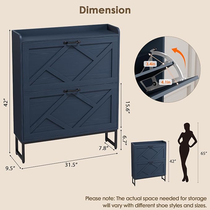 Nicetree Shoe Storage Cabinet, Shoe Cabinet with 2 Flip Drawers, Narrow Shoe Rack Cabinet, Farmhouse Slim Shoe Cabinet Storage for Entryway,Blue - Image 2