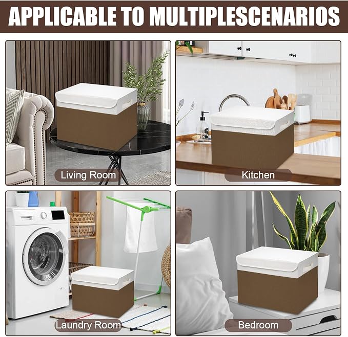 Large 17" 42 Quarts Collapsible Stackable Storage Bins with Lids [3-Pack] Foldable Fabric Linen Storage Boxes Cube, Closet Organizer Baskets with Label for Home (16.7 x 12 x 12", Brown & White) - Image 7