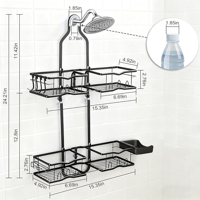 Shower Caddy Hanging Organizer, Rustproof Over Shower Head Caddy Holder with Hooks for Razor/Sponge, No Drilling Bathroom Racks Bath Storage Shelves for Shampoo Soap Towels, Black - Image 7