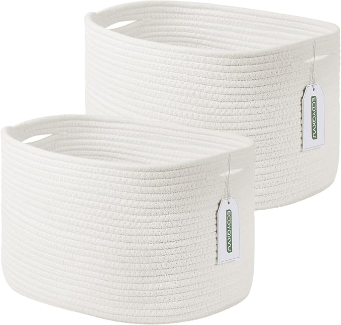ECDYQXVU Cotton Rope Storage Basket, 15x10x9 Inches, Woven Basket for Shelves, Clothes, Towels, Books, and Laundry, White (2 Pack) by ECDYQXVU