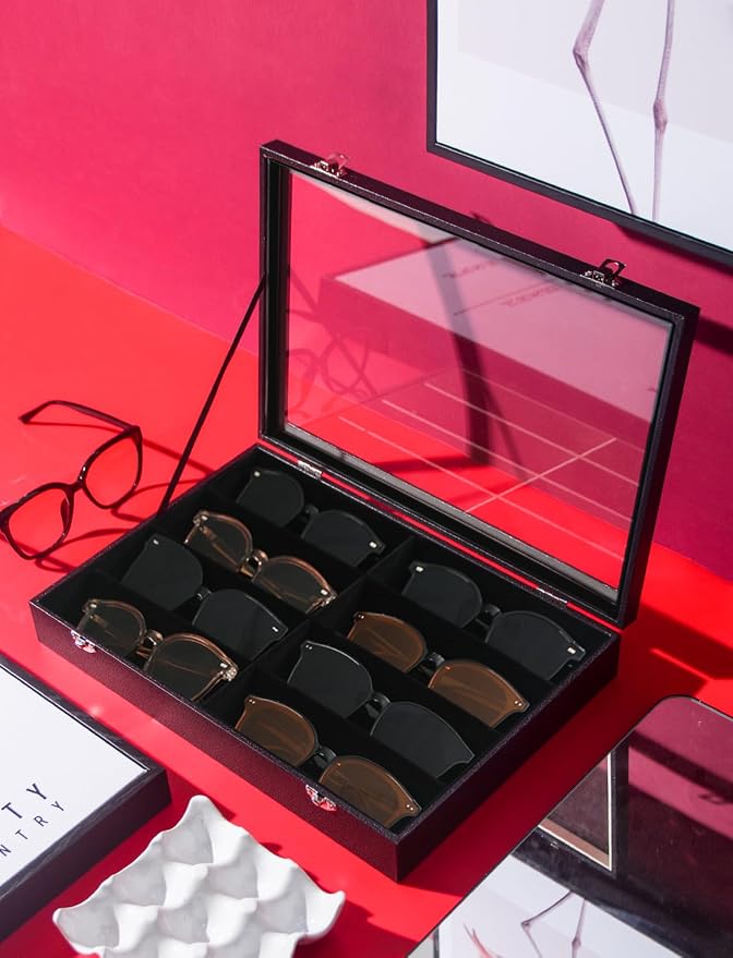 Coward Sunglass Organizer Tray Box, Black Velvet Grids Eyeglasses Display Tray Case with Transparent Glass Lid for Home Use or Store Shop Selling Show - Image 3