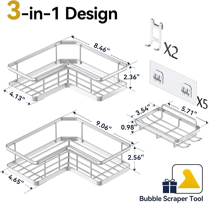 YASONIC Corner Shower Caddy Organizer, Self-Adhesive Rustproof Bath Shelves with Soap Holder & 4 Hooks, Large Capacity Shower Storage Rack for Bathroom Organization, (3Pack, Silver) - Image 7