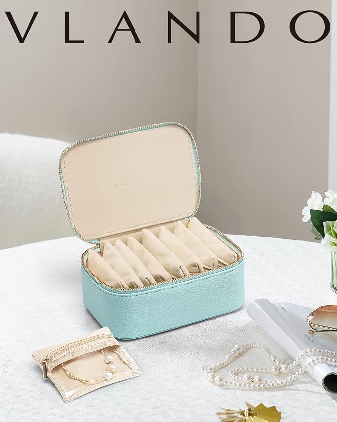VLANDO Jewelry Travel Case,Travel Jewelry Organizer with Clear Velvet Jewelry Bags 8Pcs Zipper Pouch for Women Girl Gift-Lake Blue - Image 5