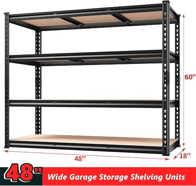 REIBII 48" W Garage Shelving Heavy Duty, 2000LBS Storage Shelves, 4 Tier Adjustable Metal Shelves for Garage Shelving Sturdy Industrial Shelf, Easy Assemble, 48" W x 60" H x 18" D - Image 3