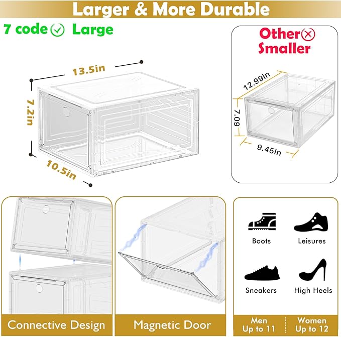 12 Pack Clear Shoe Storage Organizer with Magnetic Door,Stackable Plastic Shoe Boxes for Sneakers,Boots,and Heels,Space-Saving Foldable Shoe Rack for Closet,Durable Shoe Cabinet Organizer,White - Image 3