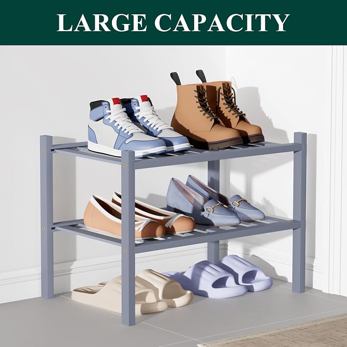 Smiry Bamboo Shoe Rack for Closet, 2 Tier Small Wooden Stackable Shoe Organizer, Free Standing Shoes Storage Shelf for Entryway, Front Door Entrance, Grey - Image 5