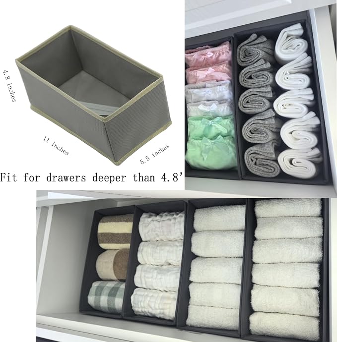 Bructhun Sock Drawer Organizer 3 Pack - Foldable Fabric Storage Bins for Underwear Divider, Small Closet Organizers with 3 Compartments, Light Gray - Image 4