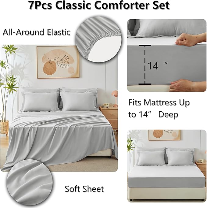 CozyLux Oversized Queen Comforter Set Light Grey, 7 Pieces Bed in a Bag Comforter Set with Sheets Luxury Bed Set All Seasons, Bedding Set with Down Alternative Comforter, Sheets, Pillowcases & Shams