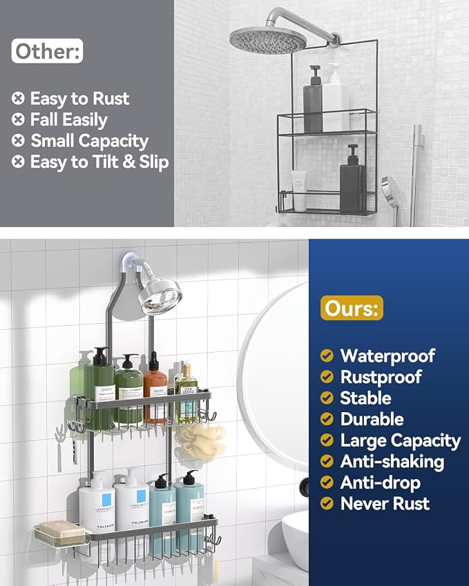 YASONIC Shower Caddy Hanging, Never Rust Shower Organizer Hanging, Aluminum Shower Racks for Inside Shower with Hooks for Razor, Bathroom Organizers and Storage with Soap Holder, Grey - Image 9