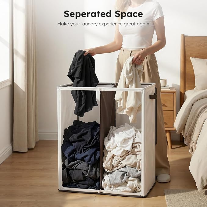 SOLEDI Luxury Double Laundry Hamper with Lid and Removable Bags, Large Hamper for Laundry, Laundry Basket 2 Sections, Collapsible Ditry Clothes Hamper for Bedroom, Laundry Room, Bathroom, Off-white - Image 4