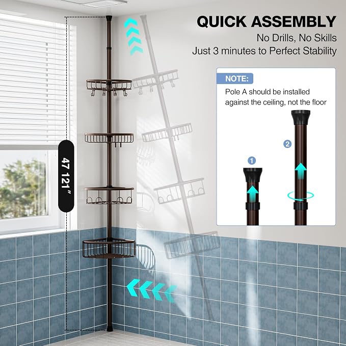Corner Shower Caddy Tension Pole: Stainless Steel Rustproof 4-Tier Shower Organizer - 47-121 inch Adjustable Bathroom Shelves for Bathtub Shampoo Storage - Tension Rod Floor Standing Bath Rack -Bronze - Image 6