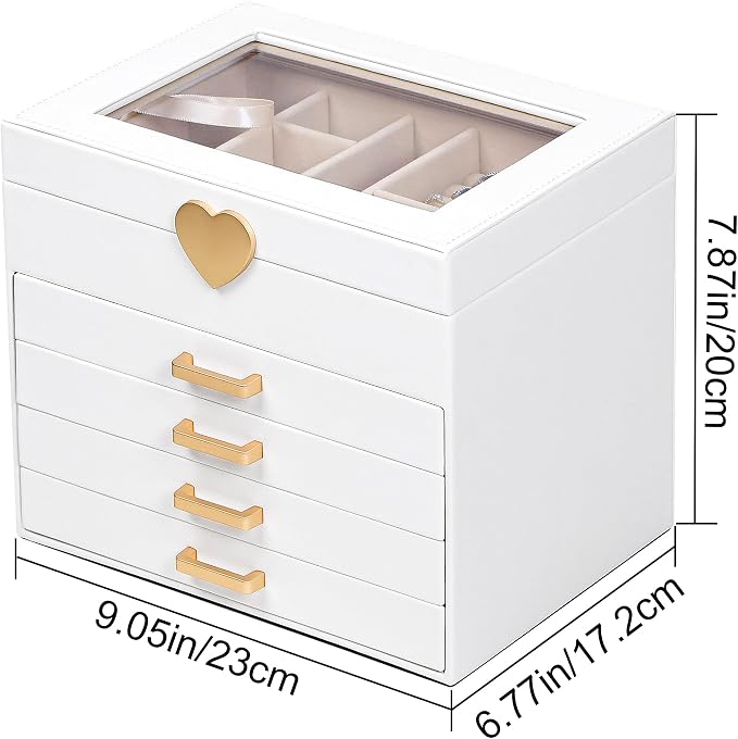Kendal Jewelry Box, 5-Layer Jewelry Organizer Box with Glass Lid, Brass Gold and White, Heart Shaped PU Leather, Storage Box for Necklace Earrings Rings Bracelets, Gift Idea for Girls LJC4DRWH - Image 3