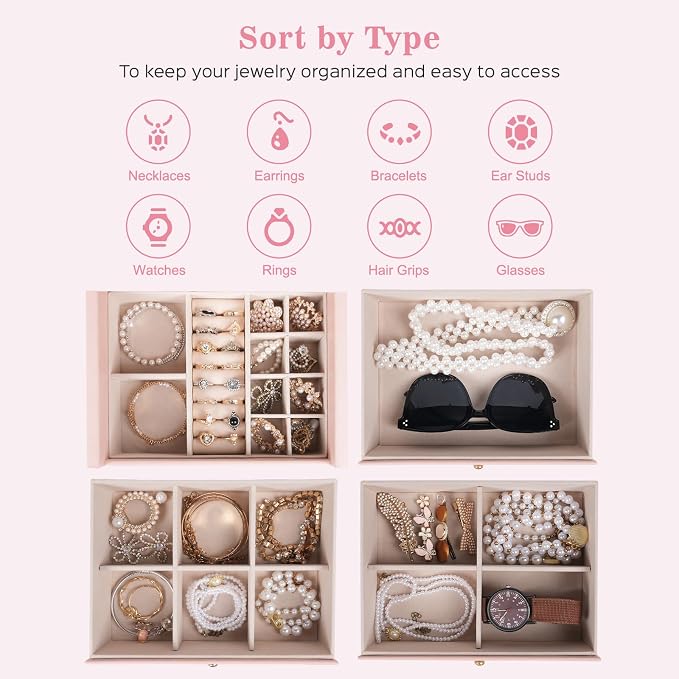 Dajasan Large Jewelry Box Organizer, Jewelry Storage with 3 Drawers, Huge Jewelry Box with Mirror, Gift Idea for Women, Girls, Double Door, Textured PU Leather Surface, Stylish (Pink + Gold) - Image 3