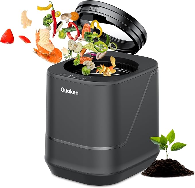 4L Electric Composter for Kitchen, Smart Countertop Compost Bin, Odorless | Low Noise | Auto-Cleaning | Turn Food Waste into Fertilizer, Indoor Food Waste Compost Machine, Black by Ouaken