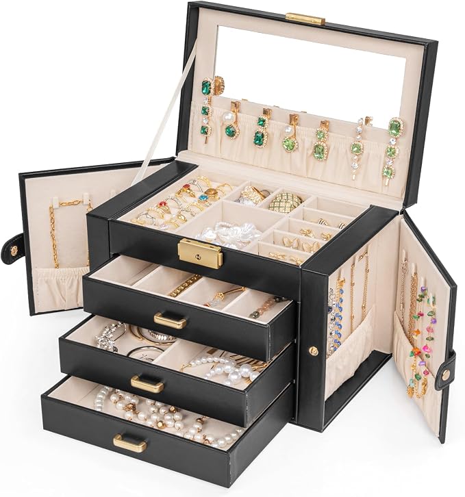 AKOZLIN Large 4-Tier Jewelry Box Leather Jewelry Storage Organizer with 3 Drawers Lockable for Women Girls Ring Necklace Earring Bracelet Watches Holder with Mirror Black - Image 7