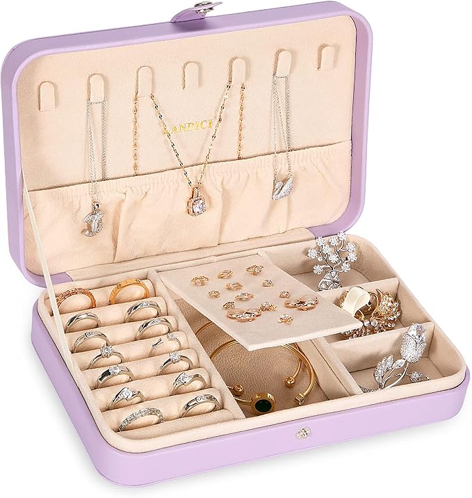 LANDICI Small Jewelry Box for Women Girls, PU Leather Travel Jewelry Case, Portable Jewelry Organizer Storage Holder Display for Ring Earrings Necklace Bracelet Bangle Men Kids Gift, Lavender by LANDICI
