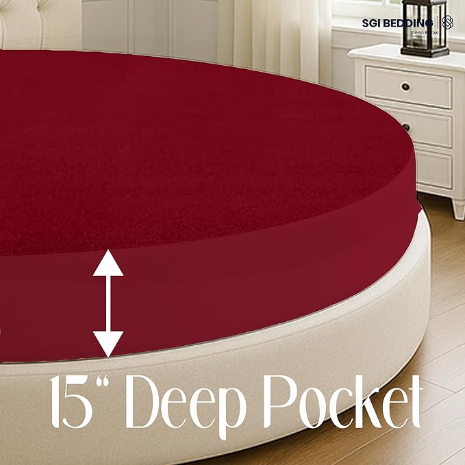 SGI Bedding Waterproof Round Mattress Protector 84" Diameter– 15" Deep Pocket Fitted Style Terry Cotton Mattress Pad Cover, Soft, Breathable & Noiseless, Spills & Stains Bed Protection – Burgundy