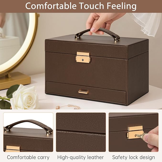 AKOZLIN Travel Jewelry Box Organizer Functional 2-trays Leather Jewelry Storage Case with Lockable Portable Drawer for Women Girls Ring Necklace Earring Bracelet - Image 4