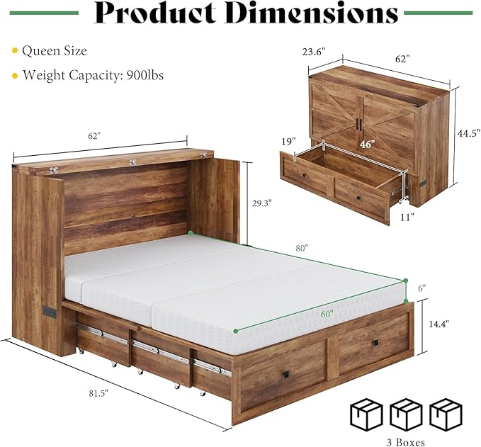 LUXOAK Queen Murphy Bed with 6" White Tri-Fold Memory Foam Mattress, Storage Drawer & Charging Station, Space-Saving Design for Home Office or Guest Room, Barnwood
