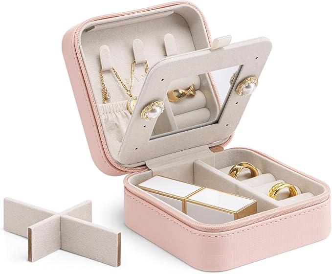 Vlando Small Travel Jewelry Box Organizer - Mirrored Jewelries Necklaces Rings Earrings Necklace Storage Case, Pink by VLANDO